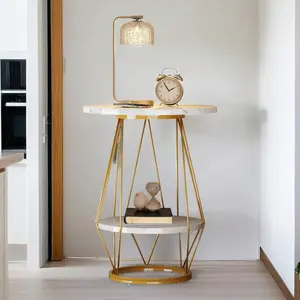 2-Tier Round Faux Marble Top End Table Sofa Side Storage Coffee Table  Metal Frame Modern Nightstand Bedside Table, Nightstand For Small Spaces, Living Room, Bedroom