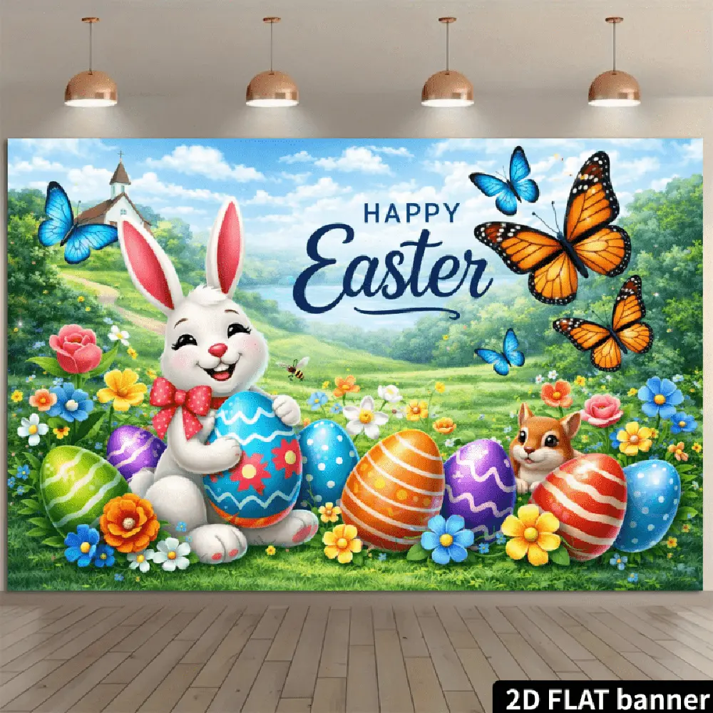 1PC 2D Flat Backdrop - Happy Easter Wishing Banner, Reusable Polyester Party Decoration Supplies with Cute Bunny, Colorful Eggs, Butterflies, Kids Party Photo Prop for Easter, Birthday,summerwins