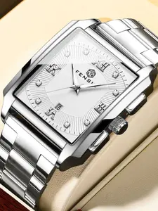 Men's Quartz Watch, Rectangular Case, Shiny Diamond Markers, Stainless Steel Strap, Date Display, Waterproof Business Watch