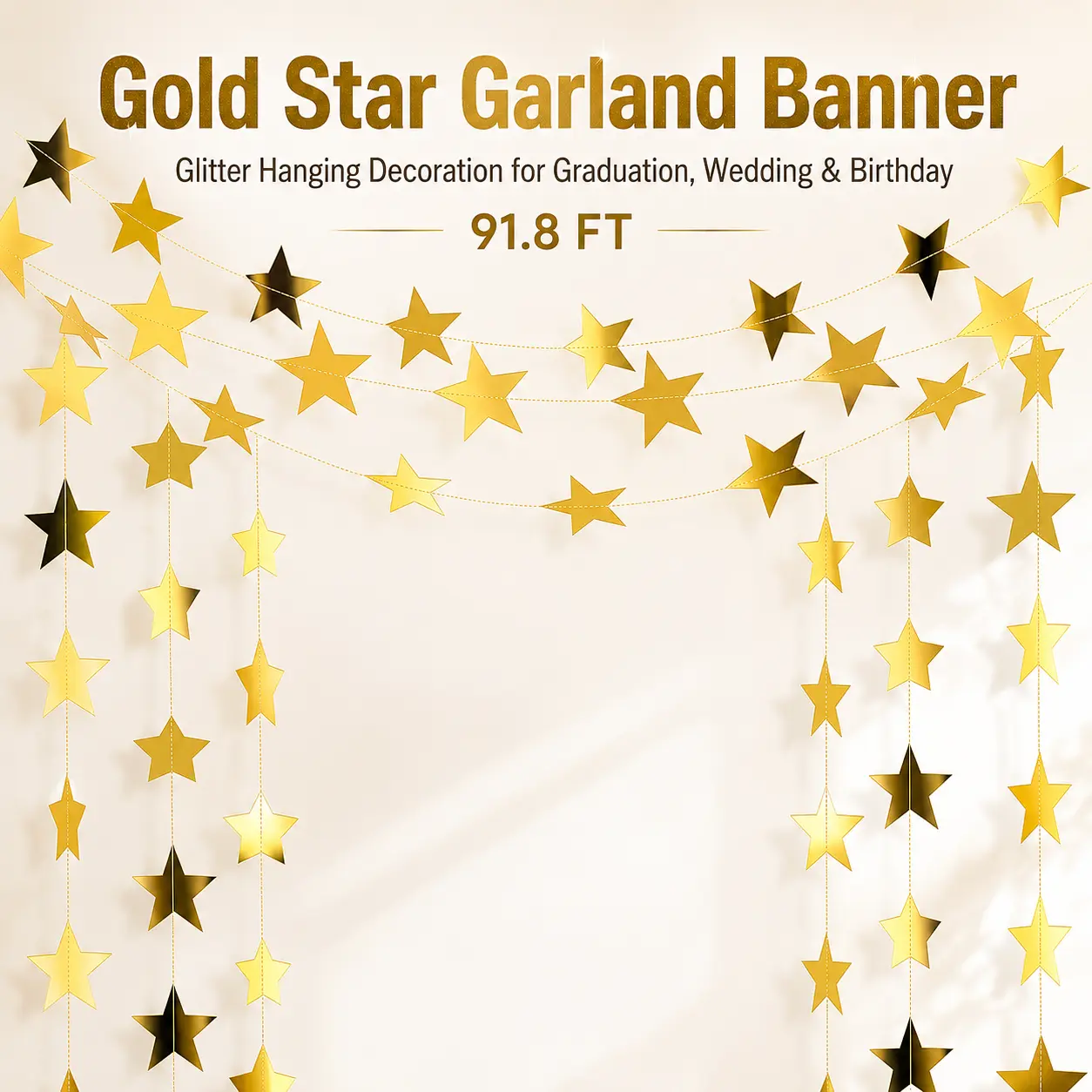 Graduation Party Decoration Banner Gold Star for Birthday Streamers Glitter Star Paper Garland Hanging Decoration for Congrats Grad Wedding Birthday Favors 91.8ft