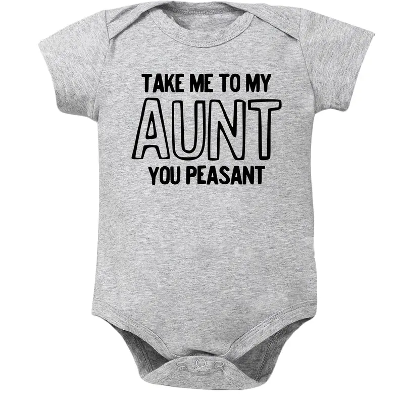 PUEMCO Unisex Basic Fitted Cotton Short-Sleeve Crew Neck Infant Bodysuit - Fun Themed Bodysuits, Aunt-Themed Family Outfit with "Take Me To My Aunt My Uncle You Peasant" Letter Slogan, 0-3m, Machine Washable Baby Shower Gift