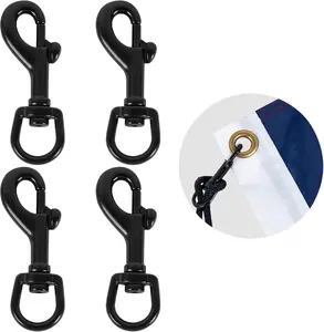 NQ Flag Swivel Snap Clips - Heavy Duty Metal Flag Snaps Hooks with Swivel Eyelet for Max 5/16" Diameter Flagpole Rope, Flag Pole Hardware, Clips for Flag, Pet Leash, Leather Craft (Black, Pack of 4)
