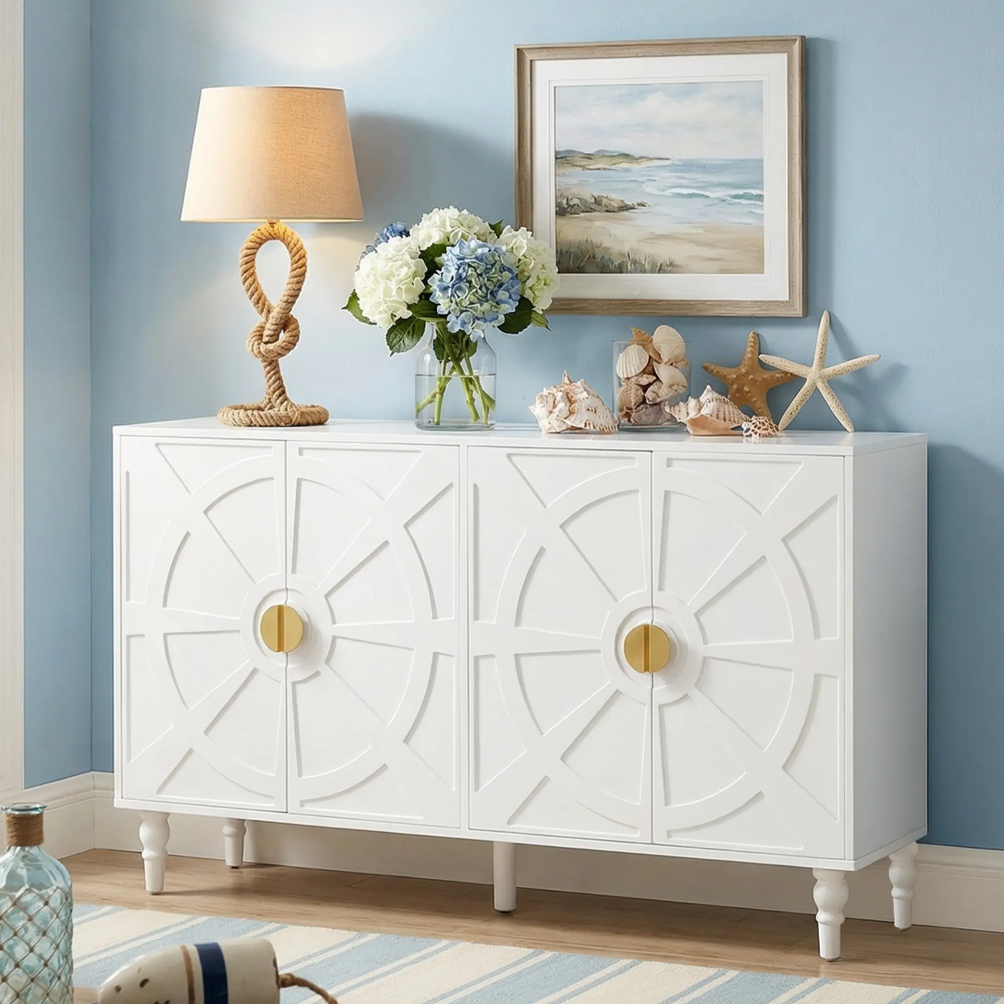 RoyalCraft L 55'' Buffet Cabinet with Storage, Vintage Sideboard with Ship Wheel Pattern and Adjustable Shelves, Wood Credenza Coffee Bar with Solid Wood Legs for Kitchen, Dining Room