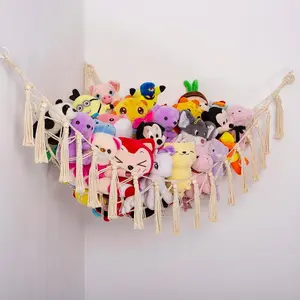 Stuffed Animals Hammock Corner Hanging Net with Wooden Beads Macrame Stuffed Animal Storage Ideas Plush Holder Toy Organizer for Boho Nursery Playroom Bedroom Room Decor cream XLarge