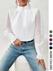 Women's  Patchwork Blouse Shirts, Elegant Chic Fitted Long Sleeve Top for Work Office Business, Ladies Clothes for Spring & Fall, Womenswear