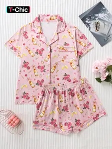 Women's Sweet Rose Wine Bottle Full-Print Matching Nightwear Pajama Set, Lightweight Loungewear, Premium Soft Smooth Fabric, Skin-Friendly Comfort, Loose Fit Button-Up Top and Shorts Pjs Womenswear