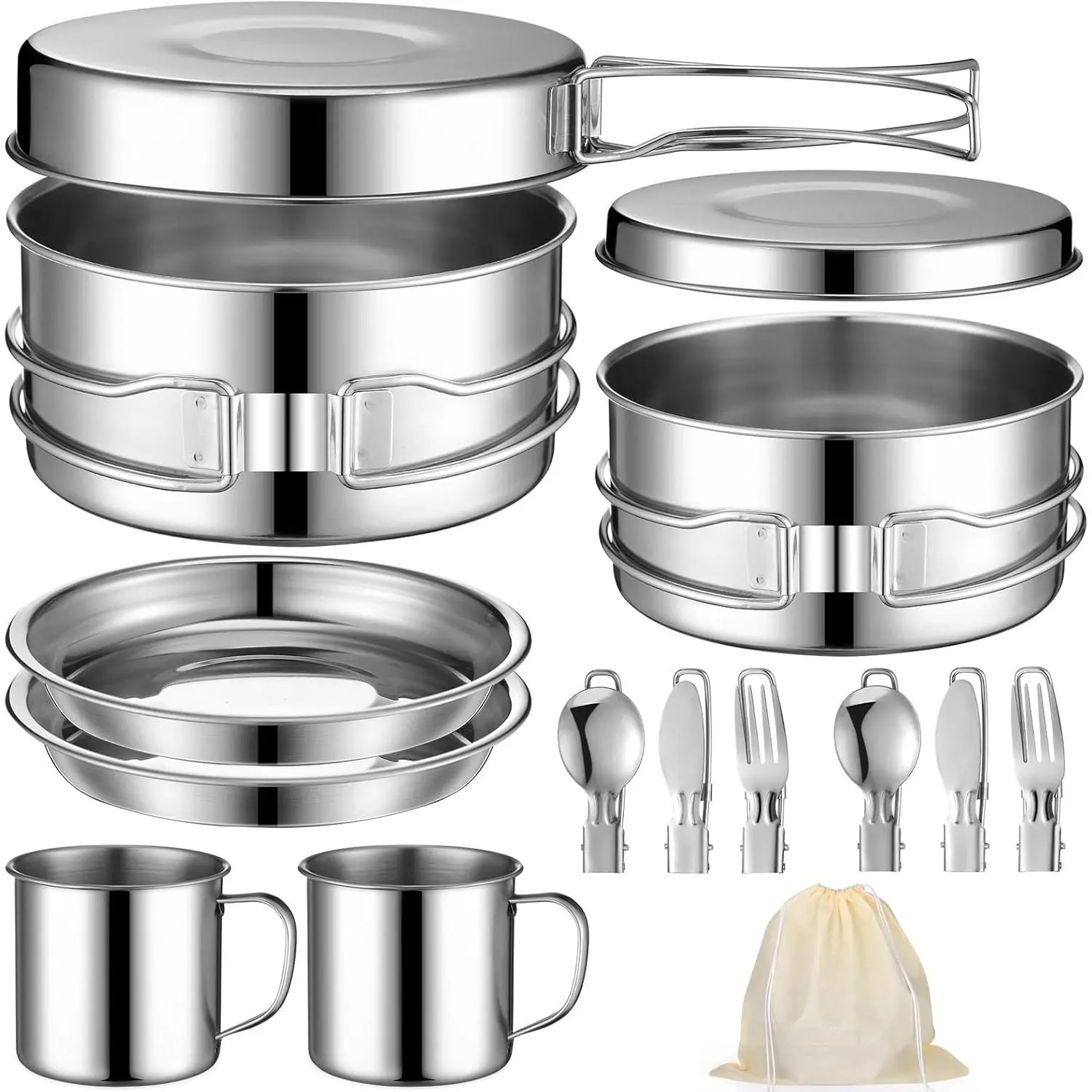 Stainless Steel Camping Cookware Set, 14-Piece High-Quality Pot & Pan Kit with Plates, Cups, & Utensils for Backpacking & Picnics, Affordable Prices