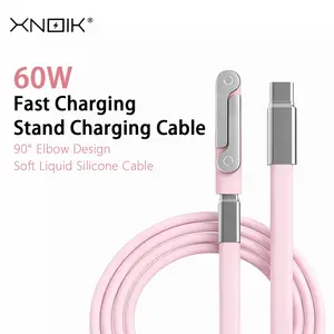 60W USB C to USB C Cable with Phone Stand, 5FT Soft Silicone Type C Fast Charging Cord, 90° Elbow Foldable Holder Charger for iPhone 17/16/15, for Samsung Galaxy S26/S25, for iPad, for MacBook