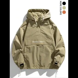 Hooded Half-Zip American Style Workwear Long Sleeve Jacket, Casual Outdoor Windbreaker with Pockets, Men's Fashion Pullover Coat for Fall & Winter