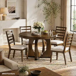 5-Piece Retro Round Top Dining Table Set with 4 Padded Chairs, 4-Seater Kit with 42x58 in Extensible Top (16" Removable Middle Leaf) that Extends Easily, Unique Geometric Base, Oak Veneer Wood for Kitchen, Dining Room (Walnut)