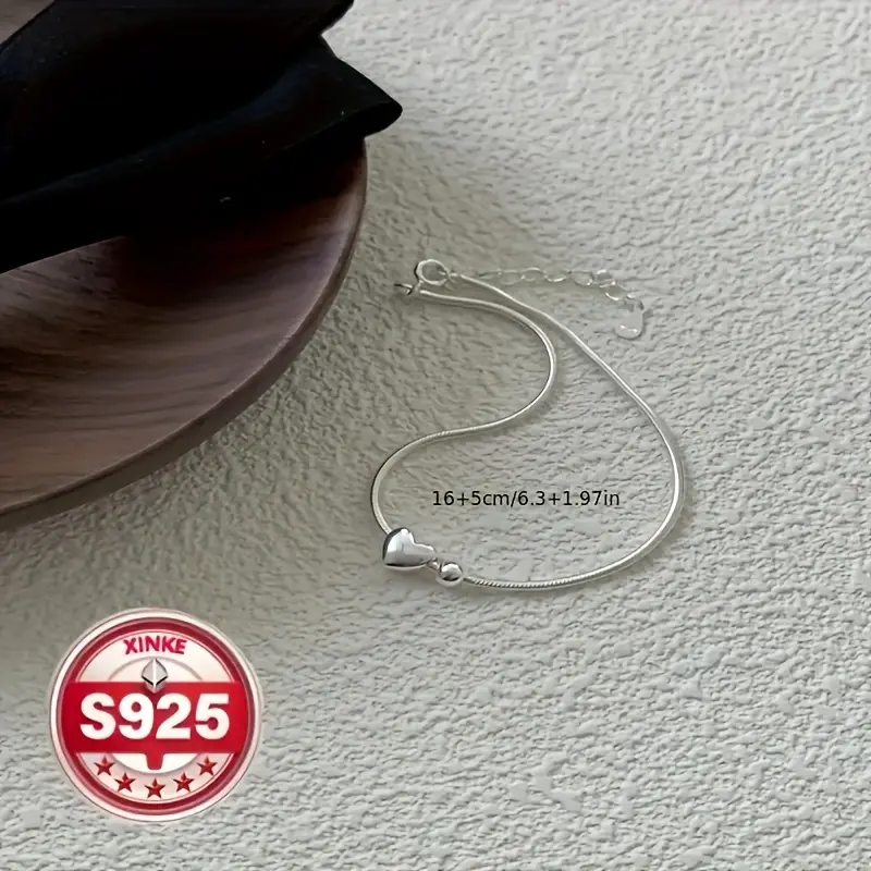 925 Sterling Silver Bracelet with Heart Accent, Minimalist Fashion Jewelry for Women, Thoughtful Pick for Weddings & Valentine's Day, Heart Accent Bracelets & Bangles