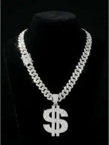 Men's Iced Out Dollar Sign Chunky Chain Necklace, Gold Tone Cuban Link Design Bling Chain, Hip Hop Statement Jewelry, Father's Day Gift