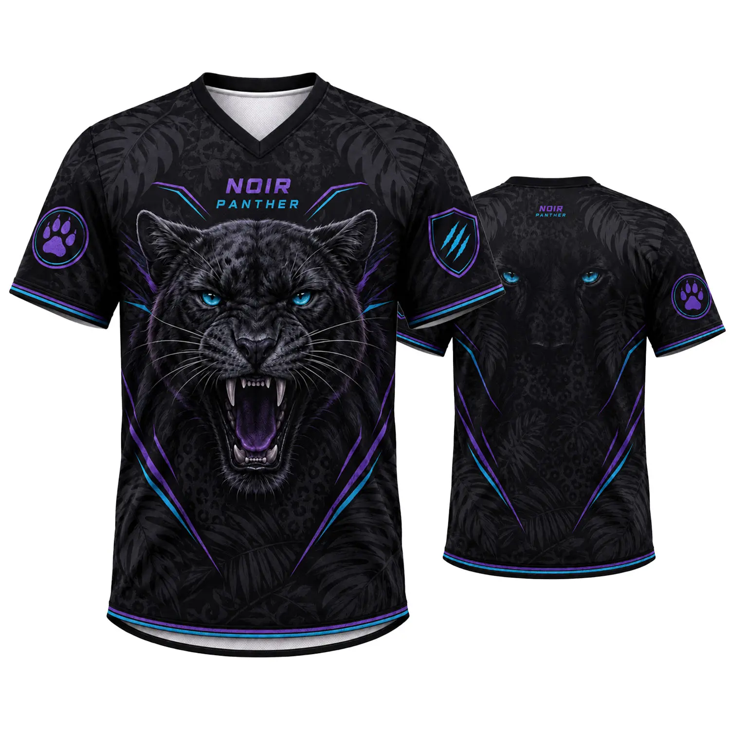 Noir Panther V-Neck Jersey for Men Women – Black Roaring Panther Graphic Shirt with Neon Blue Purple Accents, Paw & Claw Sleeve Patches