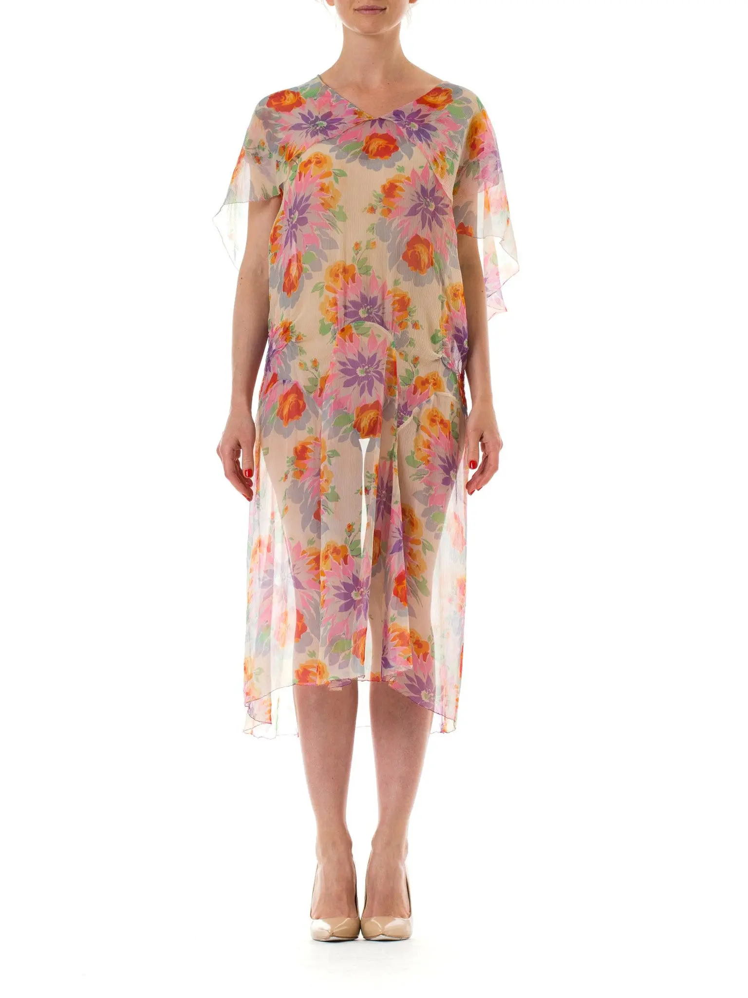 1930S Silk Mousseline Bright & Colorful Floral Pullover Garden Party Dress Fully French Seamed