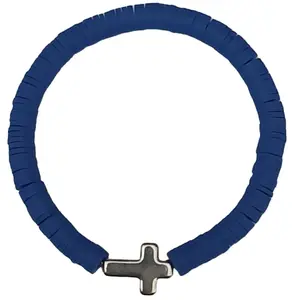 Unisex Blue Clay Bead Cross Bracelet