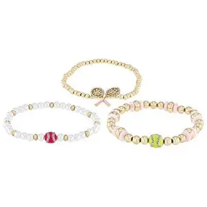 JTV Pearl Simulant, Enamel, & Crystal Gold Tone Tennis Stretch Bracelet Set of 3