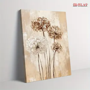 2D Flat Painting, 2D Flat Painting, 1 Piece Framed Canvas Painting - Modern Minimalist Beige and Brown Abstract Floral Dandelion Wall Art - Ready-to-Hang Decoration, Suitable for Living Room, Bedroom, Office - Holiday Decoration (4th of July, Christmas, H