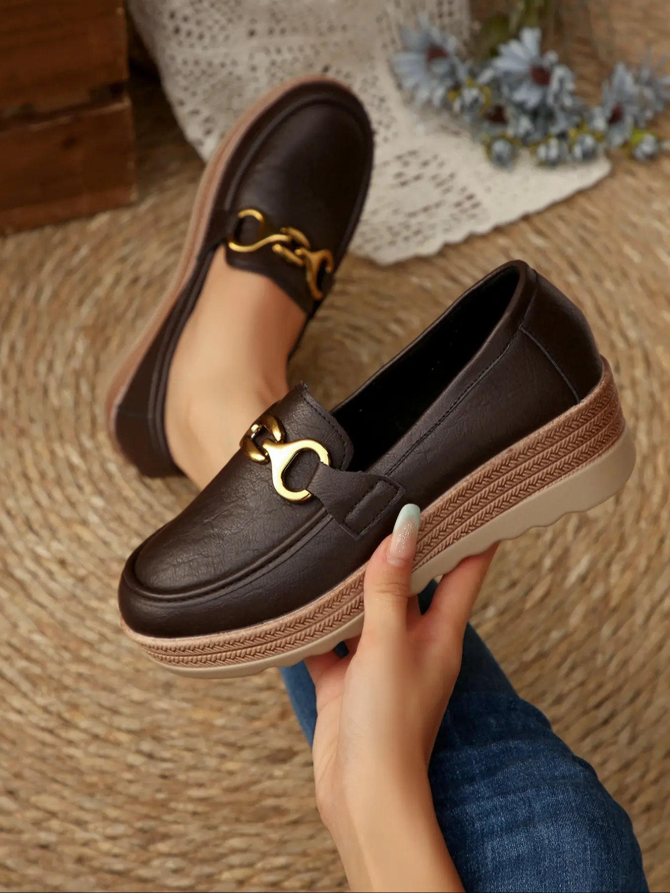 Women's Plaid Round Toe PU Leather Loafers Flatform, Breathable Wedge Ankle Strap Shoes, Casual Spring & Fall Fashion Platforms, Leather Slip Ons