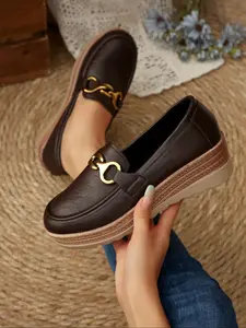 Women's Plaid Round Toe PU Leather Loafers Flatform, Breathable Wedge Ankle Strap Shoes, Casual Spring & Fall Fashion Platforms, Leather Slip Ons