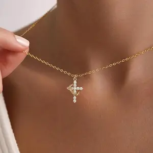 Crown Cross Necklace for Women 14K Gold Plated Crown Cross Pendant Necklace Simple Necklaces Faith Cross Jewelry