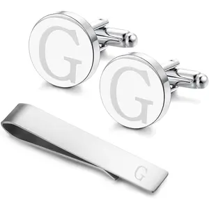 Stainless Steel Engraved Initial Cufflinks and Tie Clip Bar Set Alphabet Letter With  Box A-Z