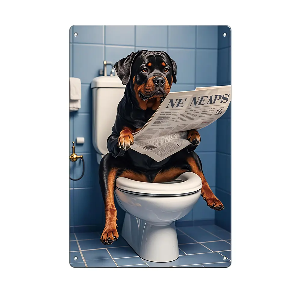 8x12in Rust-Proof Metal Tin Sign, Decorative Playful Comedy Rottweiler on Toilet Bathroom Wall Decor - Lightweight, Easy to Clean Home Supply Plaque with Humorous Vibe, Gift for Pet Lovers