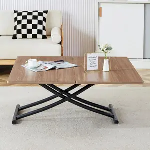 Modern minimalist multifunctional lifting table, with a 0.8-inch wood grain process sticker desktop and black metal legs, can be used as a dressing table, coffee table, dining table, and office tableW1151126193