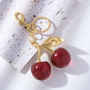 Pastoral Red Cherry Keychain with a Checkered Plaid Pattern and Glitter, Durable Cartoon-Style Zinc Alloy Fashion Accessory