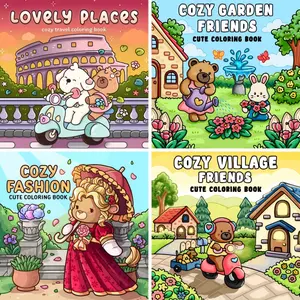 A set of playful-themed coloring books for children, with thick, high-quality paper, warm contrasting town life designs, perfect for passing time and relieving anxiety, an ideal Valentine's Day gift, adult coloring book.
