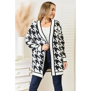 Woven Right Houndstooth Open Front Longline Cardigan