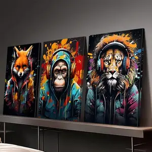 3 Pieces Graffiti Art Lion Monkey Panda Tiger Fox with Headphones, Game Theme Wall Mural, Trendy Player Home Decor, Street Style Gallery Art, Dark Tone Poster, Wall Decor for Playroom and Kids Room, Framed or Unframed.