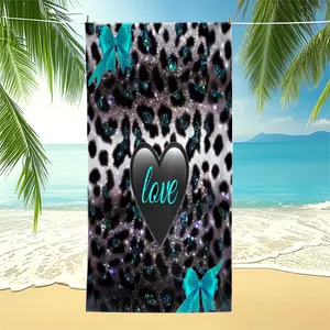 Y2K Coquette Leopard Love Beach Towel | High‑Definition Digital Print of Glitter Leopard, Teal Bows & Black Heart | Quick‑Dry Towel Towel for Pool, Beach, and Travel