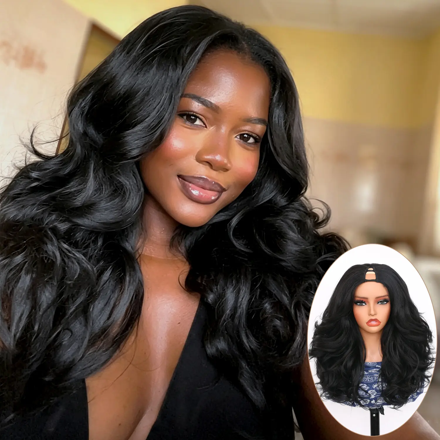 20 Inch Layer Synthetic Hair V-Part Wig for Women 3 IN 1 Half Wig Long Water Wave Curly Wig Invisible Hairline Black Color Afro Glueless Drawstring Cap for Easy Wear and Stable Fit Fashion Gift sohochic