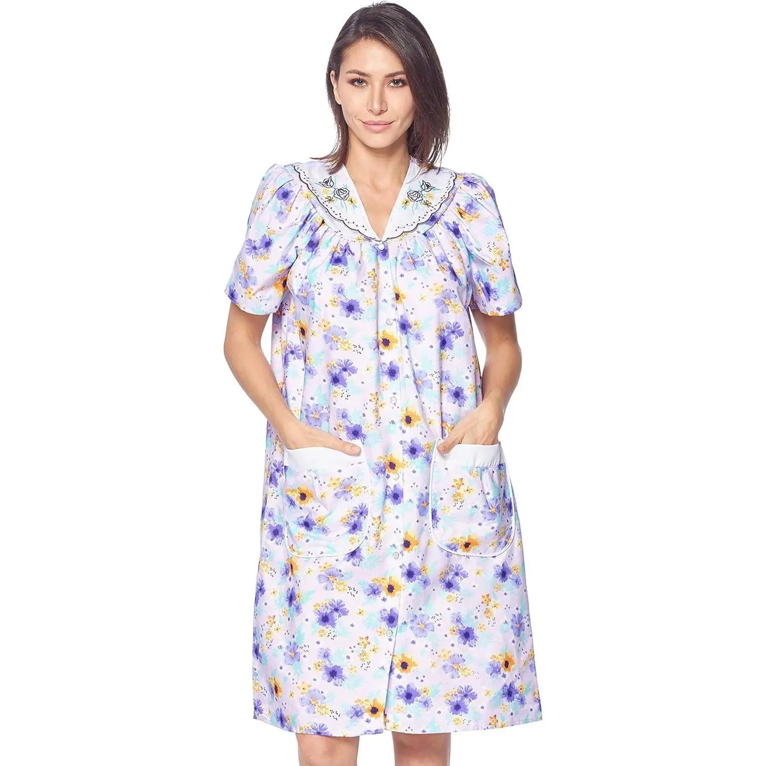 Women's Cotton-Polyester Floral Snap-Front Short-Sleeve Woven Loungewear - Nursing House Dress with Pockets, Slip Hospital Housecoat Duster Lounger Robe