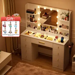 Vanity Desk, Makeup Vanity Desk with Mirror and Lights, Transparent Top with RGB Drawers, 3 Shelves, Large Tempered Cabinets, Power Outlet, for Bedroom, White