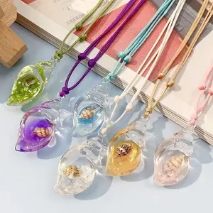 6pc Ocean-themed Colorful Dreamy Luminous Acrylic Conch Pendant Necklace with Wax Cord, Adjustable Necklace Gift