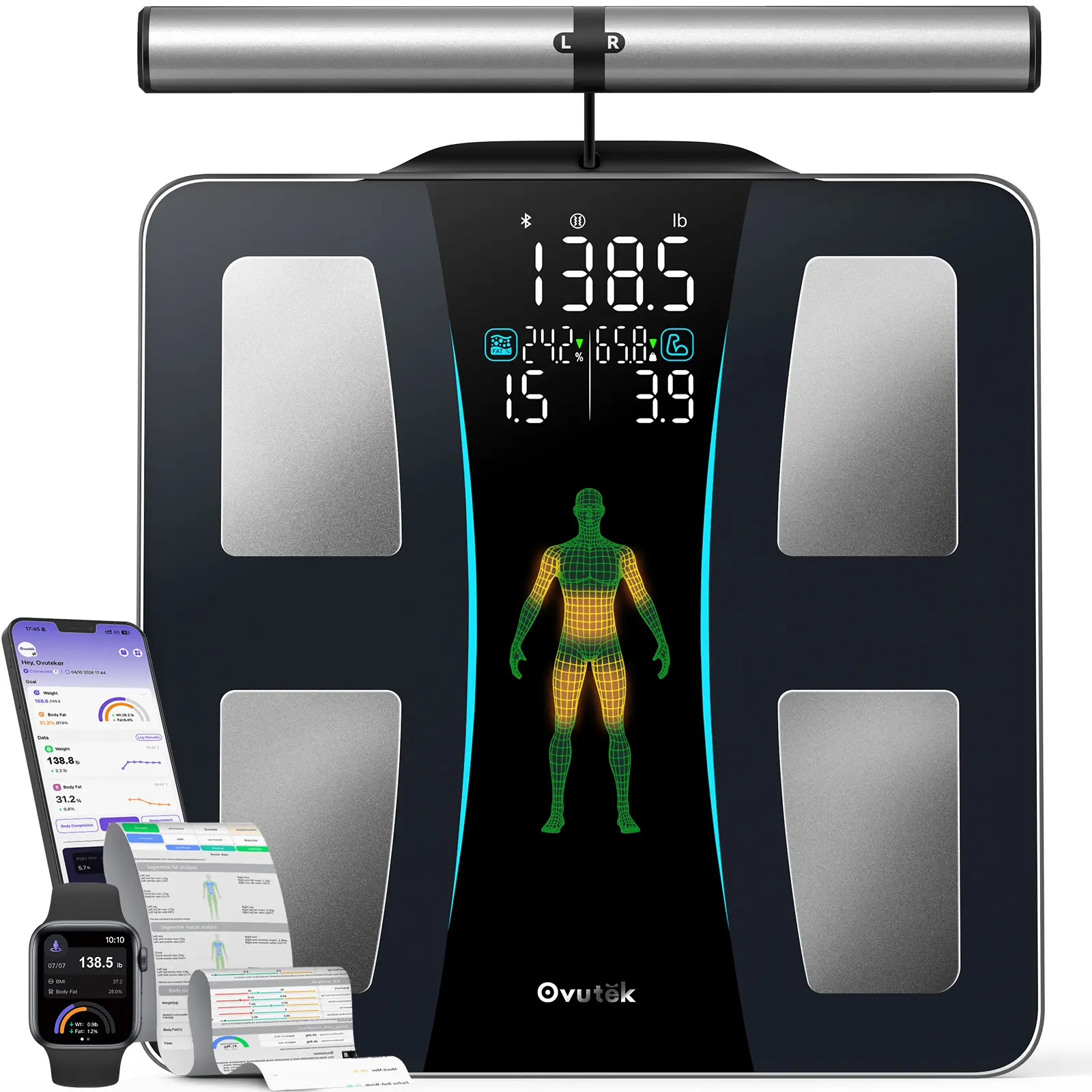 OVUTEK 8‑Electrode Segmental Smart Body Scale, Full-Body Green Avatar Display, BMI, Body Fat, Muscle Mass, 50+ Body Composition Metrics, Printable Report, Sync Apple Health Fitbit Google Fit for Gym Fitness & Family, Max 400lb