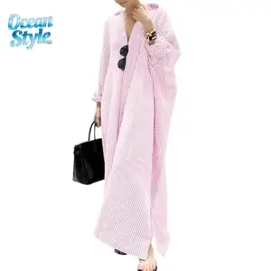 Women's Casual Striped Cotton Maxi Dress - Loose Button-Down, Batwing Sleeves, Breathable Lightweight, Comfy Basic Grey Caftan, Elegant Spring Beach Wear, Maxi Dress for Women, Casual Wear, Collared