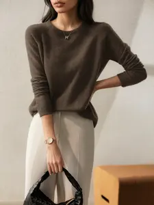 Women's Long Sleeve Knitted Sweater, Round Neck Loose Fit Fashion Bottom Layer, Versatile High-Quality Wool Blend Top, Knitwear