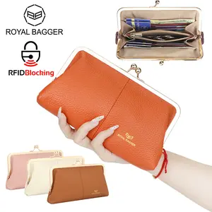 Royal Bagger RFID Kiss Lock Wallet, Solid Color Multi-card Slots Card Holder, Genuine Leather Clutch Purses for Women 1468 SpringStatements