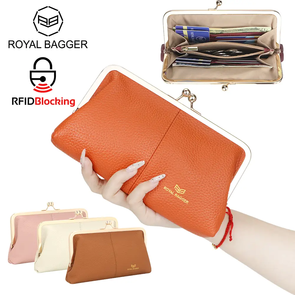 Royal Bagger RFID Kiss Lock Wallet, Solid Color Multi-card Slots Card Holder, Genuine Leather Clutch Purses for Women 1468