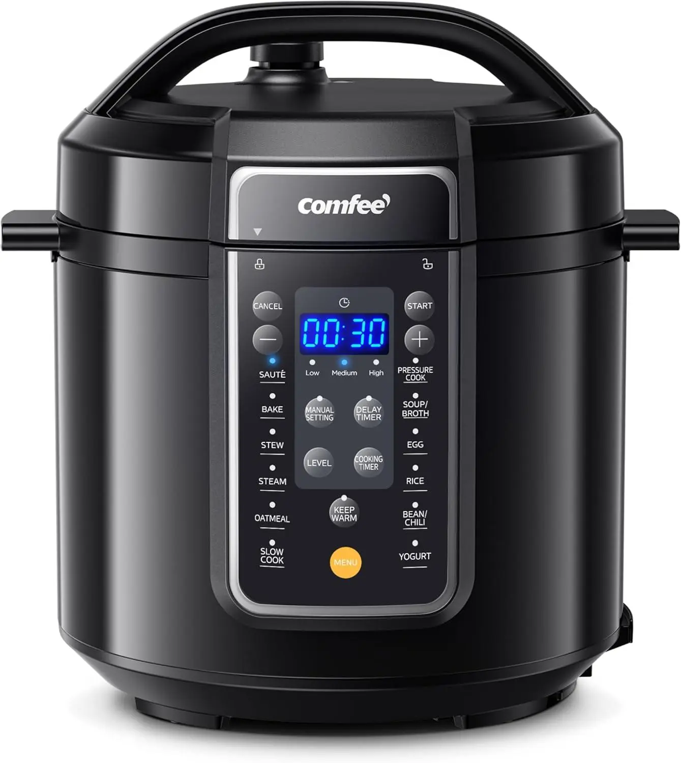 COMFEE’ 12-In-1 6-Qt Electric Pressure Cooker with Non-Stick Pot, Yogurt Maker, Rice Maker, Slow Cook Function, Sauté & Steamer, Black