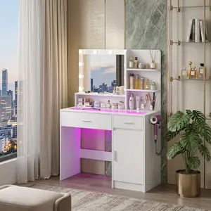 40 Inch LED Makeup Vanity Desk Adjustable 3 Light Modes RGB Ambient Light Glass Top Power Outlet Dressing Table for Bedroom White