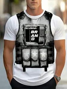 Men's 3D Tactical Vest Graphic T-Shirt | White Base with Realistic Black Bulletproof Vest Print | "BRAND" Logo + Star Pocket Detail | Premium Soft Fabric | Slim Fit Short Sleeve | Perfect for Streetwear, Hip Hop, Summer Casual & Urban Outfits