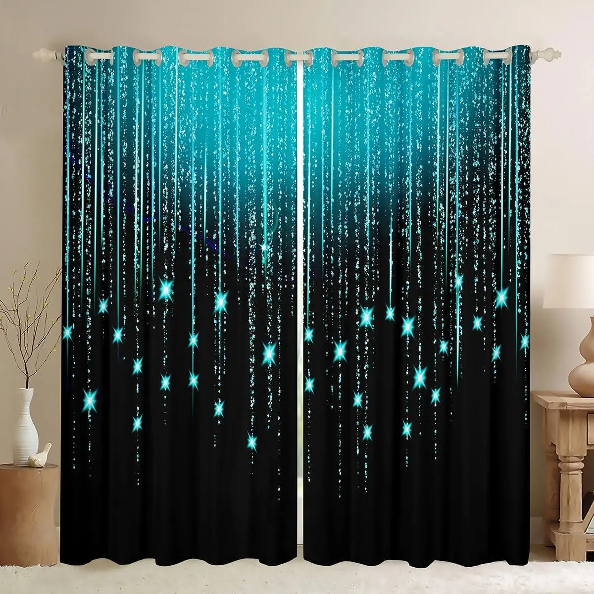 Abstract Ombre Curtains Teal Black Teens Window Curtains for Bedroom Living Room for Boys Girls Women Kids Modern Geometric Window Drapes Treatments Glitter Galaxy Stars Decor ,2 Panels