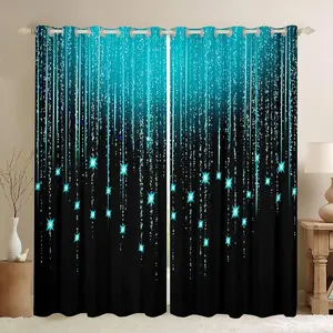 Abstract Ombre Curtains Teal Black Teens Window Curtains for Bedroom Living Room for Boys Girls Women Kids Modern Geometric Window Drapes Treatments Glitter Galaxy Stars Decor ,2 Panels