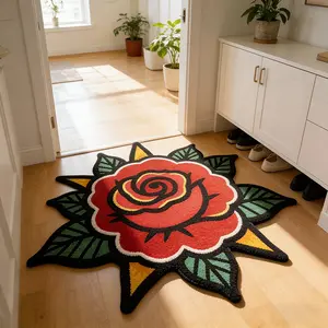 Modern Creative Irregular Rose Pattern Floral Area Rug for Living Room & Bedroom, Stylish Minimalist Foldable Plush Carpet for Home Decor