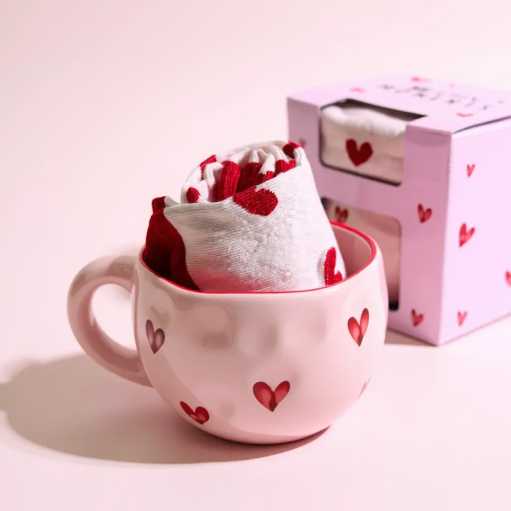 2pcs Mug & Socks Set, Pink Heart Design, Pretty Ceramic Tea Cup and Cute Girly Cotton Socks, Matcha or Coffee Drinkware Kit Birthday Gift for Her for Mom