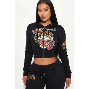 Ed Hardy Retro Tiger Zip Front Hoodie - Black J