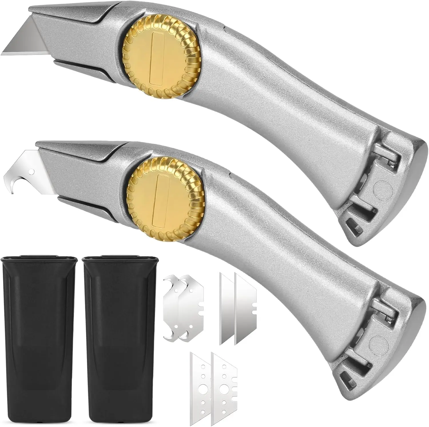 2-Pack Silver Fixed Blade Roofing Knife,Navajas para Roofing | Box cutters with holsters & belt clips. 3 functions, 6 blades for carpet, indoor/outdoor construction & marking